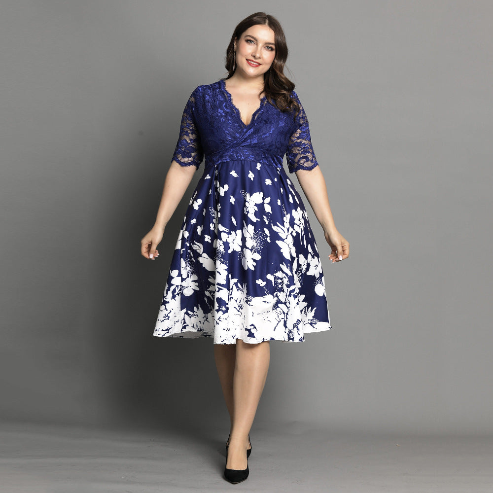Large Size Digital Printing Lace Stitching Dress