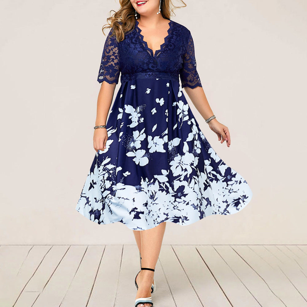 Large Size Digital Printing Lace Stitching Dress