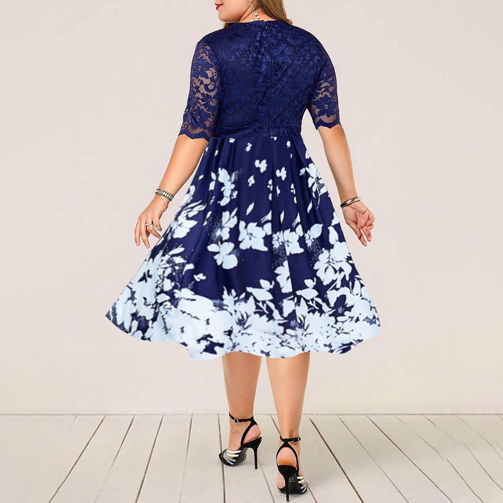 Large Size Digital Printing Lace Stitching Dress