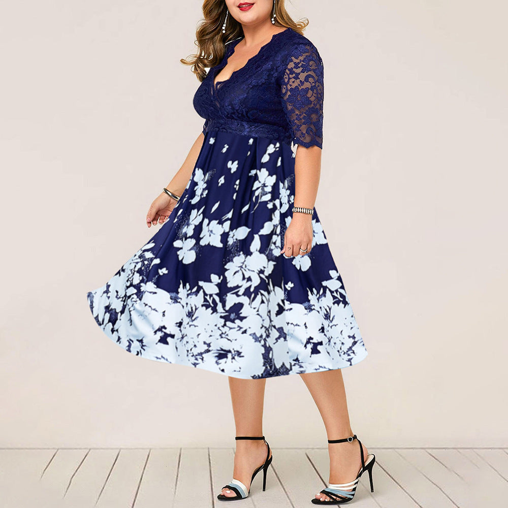 Large Size Digital Printing Lace Stitching Dress