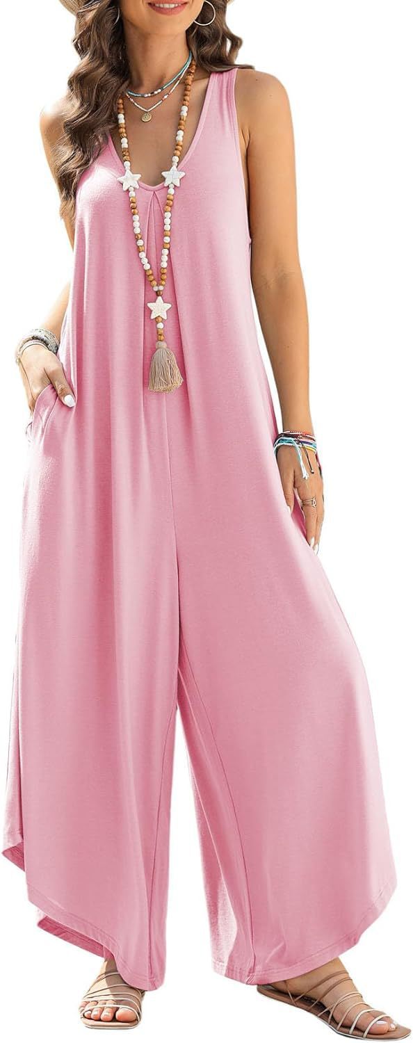 Women's Casual Sleeveless V-neck Pocket Wide Leg Jumpsuit