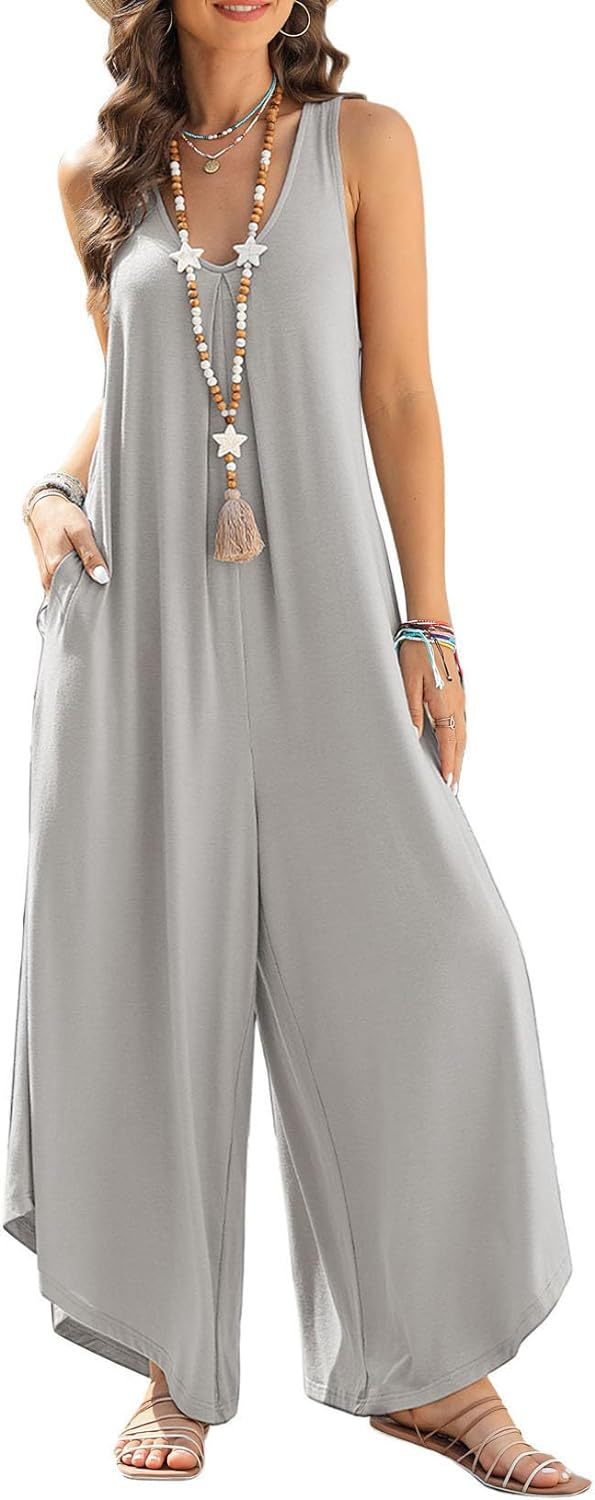 Women's Casual Sleeveless V-neck Pocket Wide Leg Jumpsuit