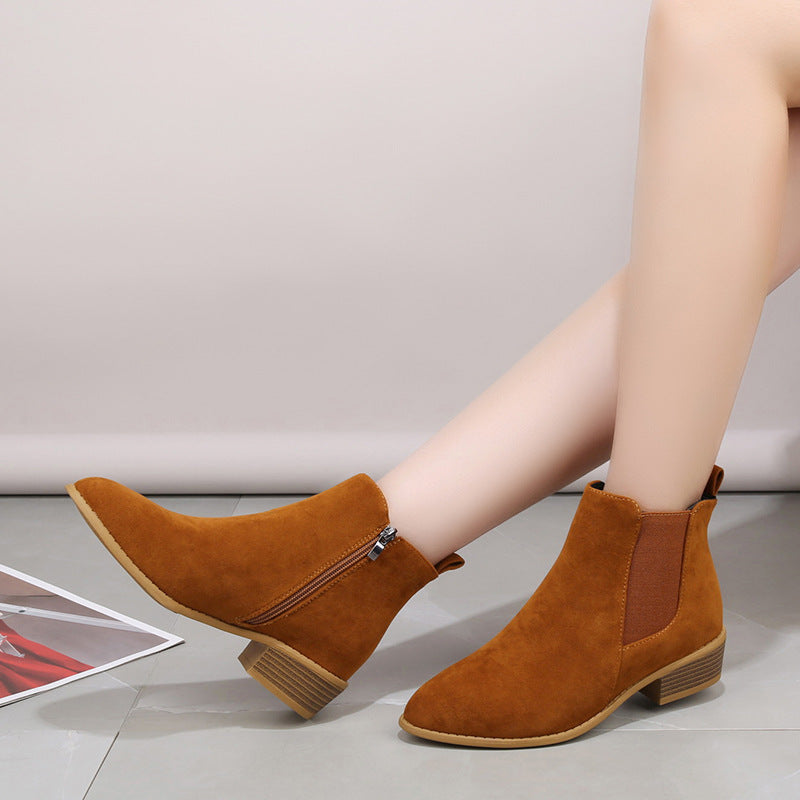 Solid Color Suede Pointed Square Heel Martin Boots