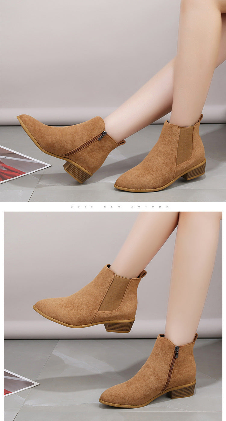 Solid Color Suede Pointed Square Heel Martin Boots