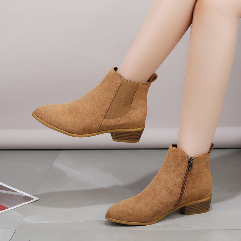 Solid Color Suede Pointed Square Heel Martin Boots