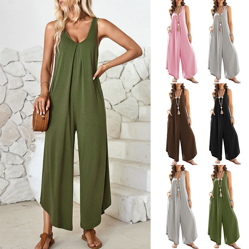 Women's Casual Sleeveless V-neck Pocket Wide Leg Jumpsuit