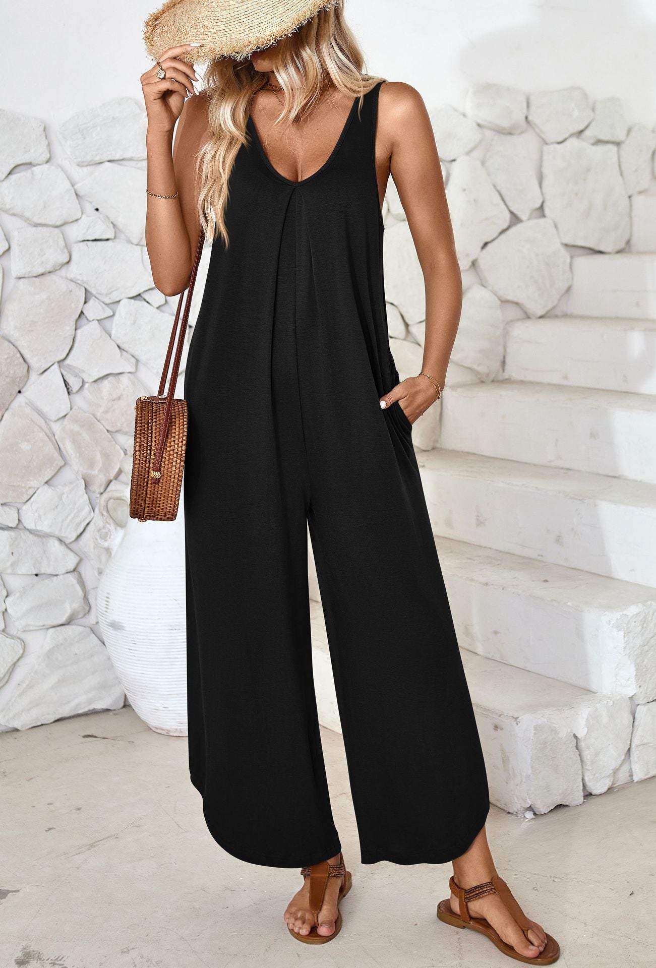 Women's Casual Sleeveless V-neck Pocket Wide Leg Jumpsuit