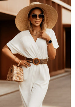 Waist-tied Short-sleeved Loose Cropped Wide-legged Jumpsuit