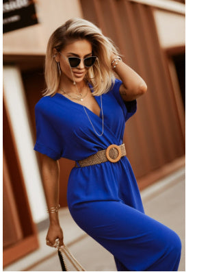 Waist-tied Short-sleeved Loose Cropped Wide-legged Jumpsuit
