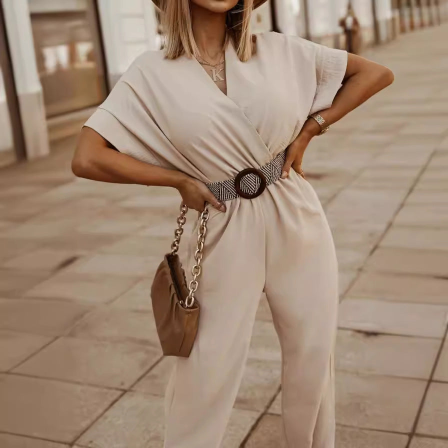Waist-tied Short-sleeved Loose Cropped Wide-legged Jumpsuit
