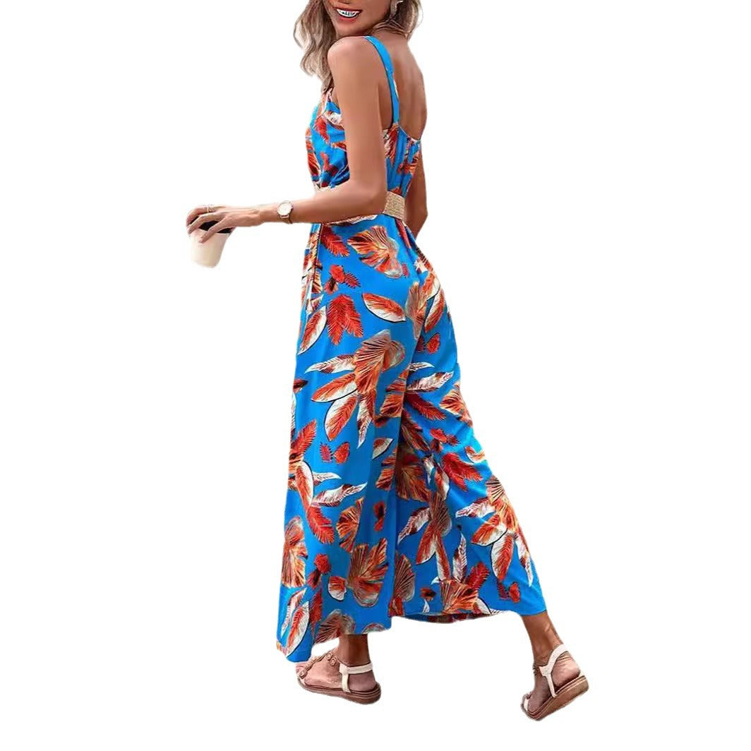 Women's Printed Waist Strap Vacation Jumpsuit