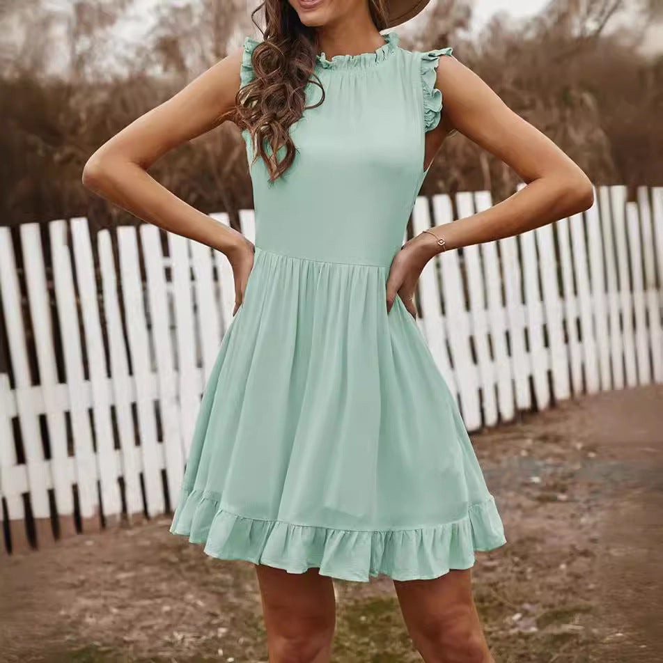 Women's Round Neck Ruffled Sleeveless Dress