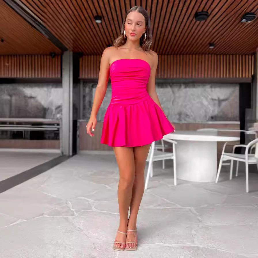 Spring And Summer New Women's Clothing Tube Top Backless Pleated Solid Color Jumpsuit Skirt