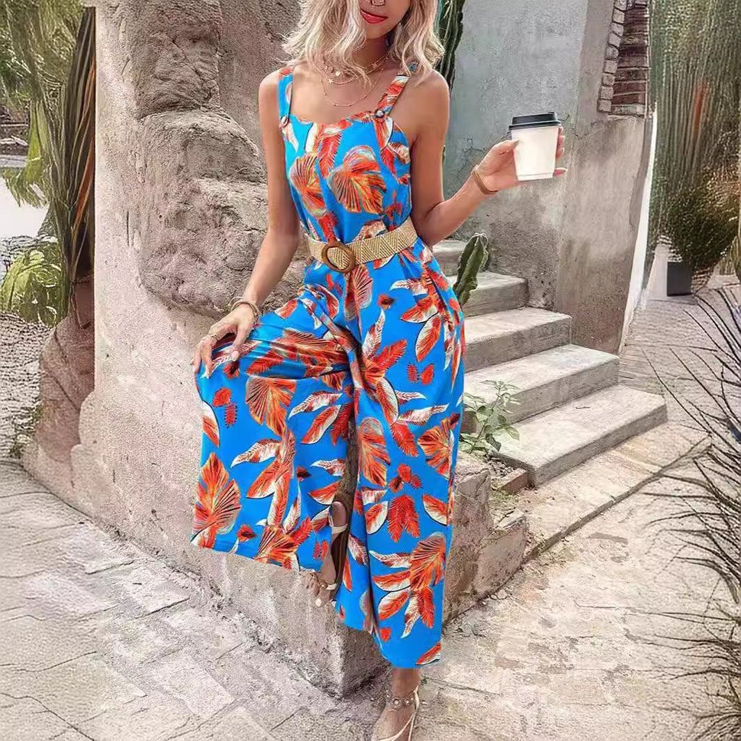 Women's Printed Waist Strap Vacation Jumpsuit