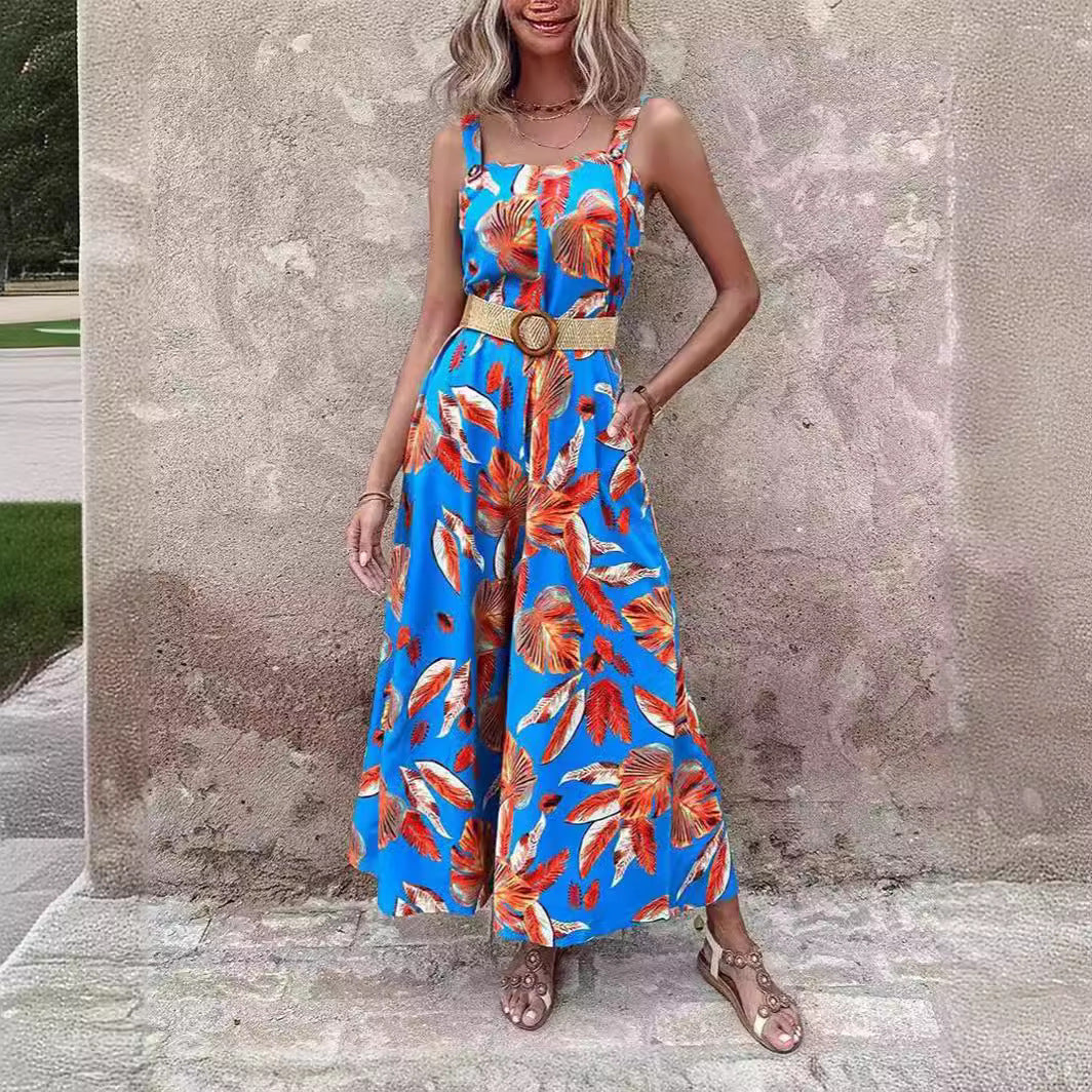 Women's Printed Waist Strap Vacation Jumpsuit