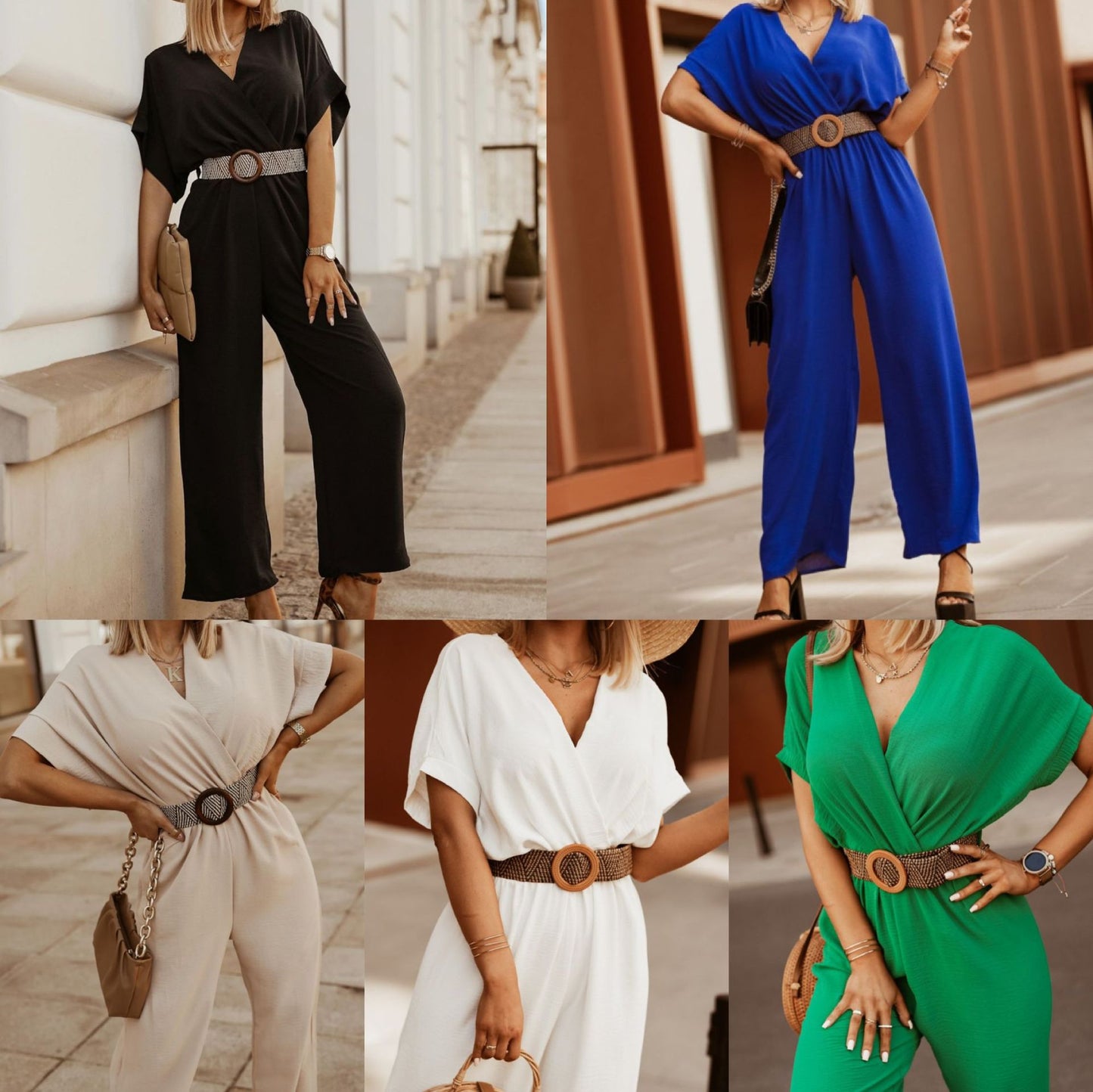 Waist-tied Short-sleeved Loose Cropped Wide-legged Jumpsuit