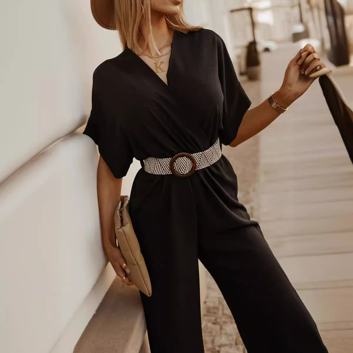 Waist-tied Short-sleeved Loose Cropped Wide-legged Jumpsuit