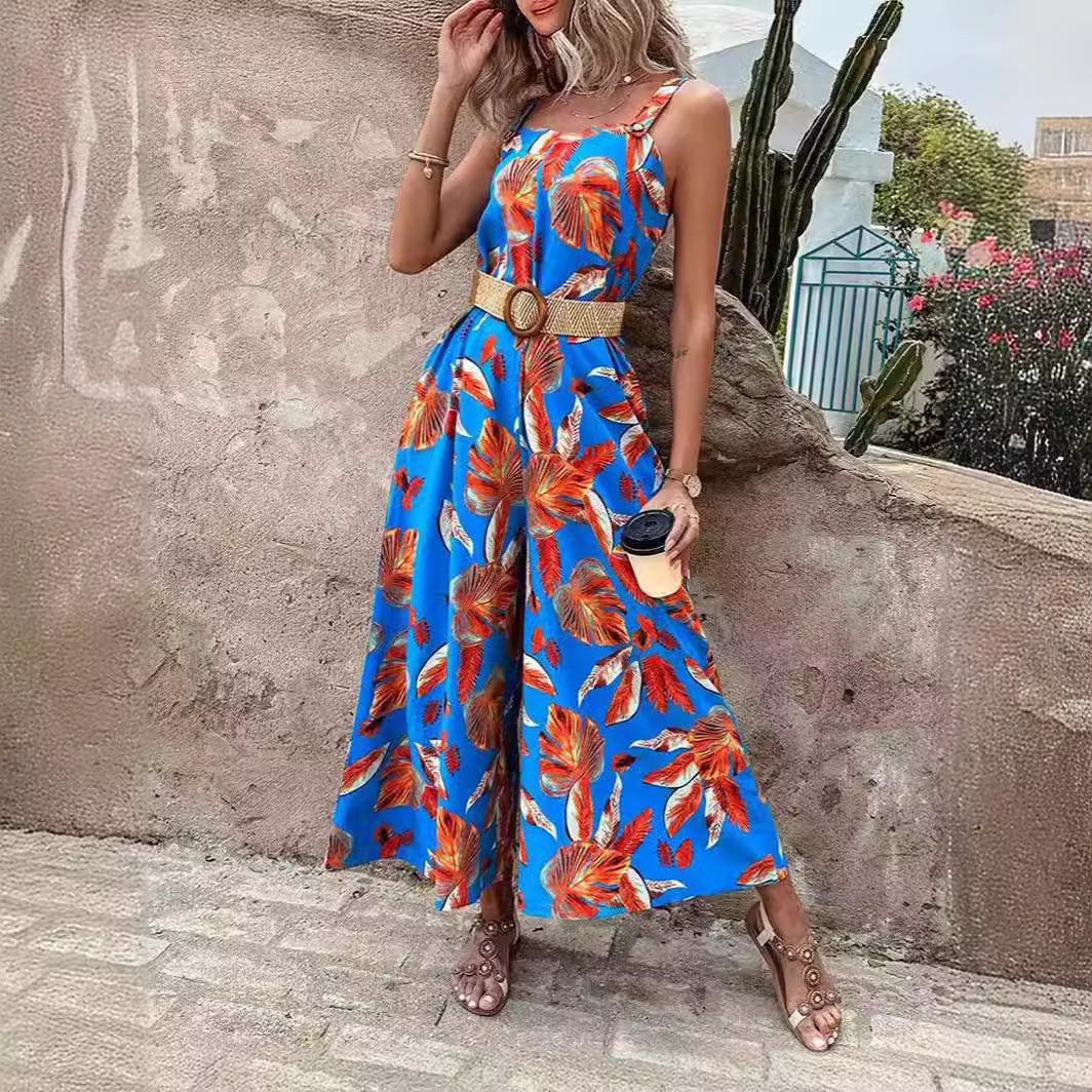Women's Printed Waist Strap Vacation Jumpsuit