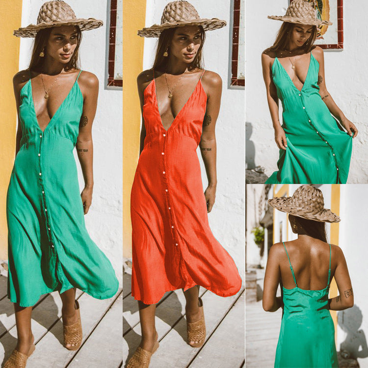 Women's Sling Depth V-neck Buttons Backless Dress