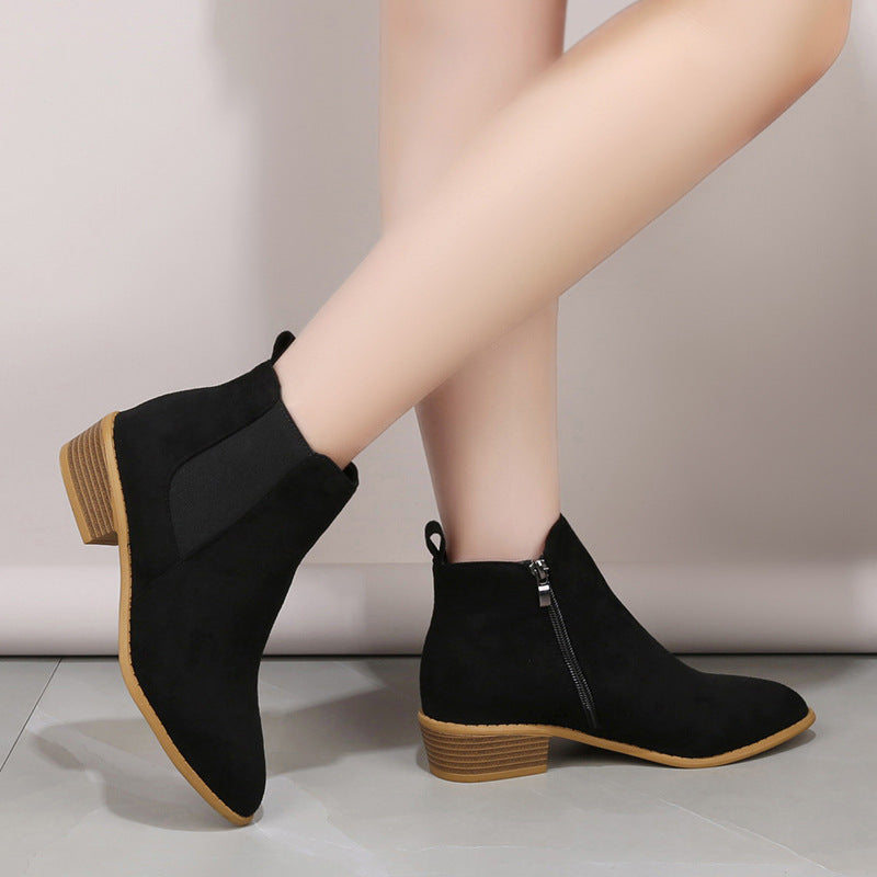 Solid Color Suede Pointed Square Heel Martin Boots