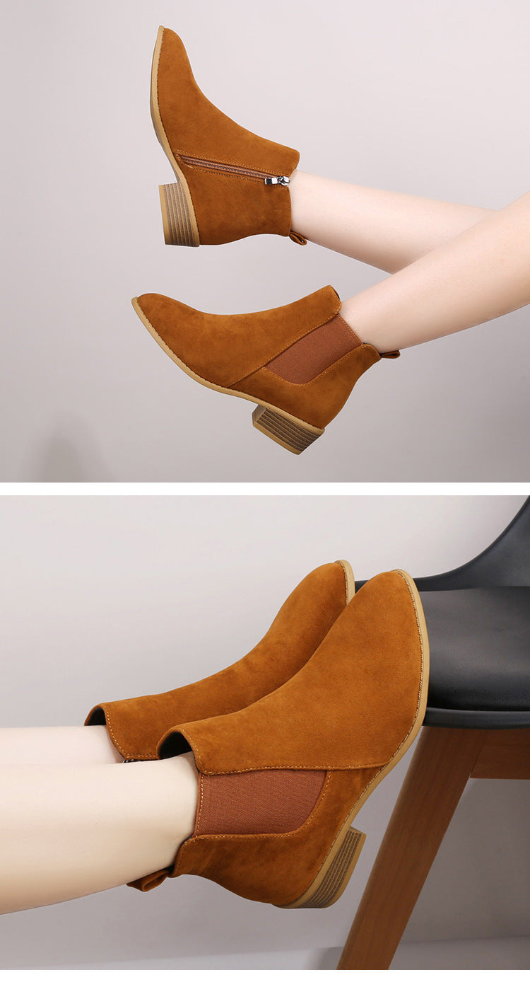 Solid Color Suede Pointed Square Heel Martin Boots