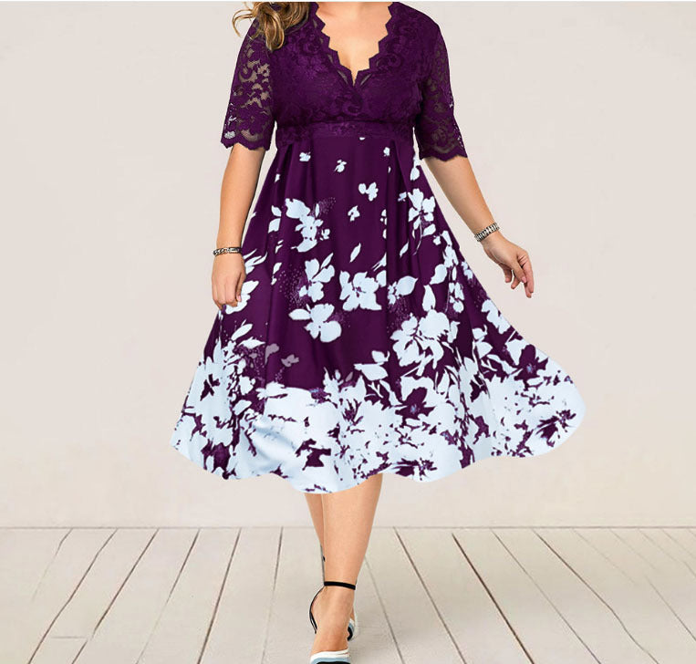 Large Size Digital Printing Lace Stitching Dress