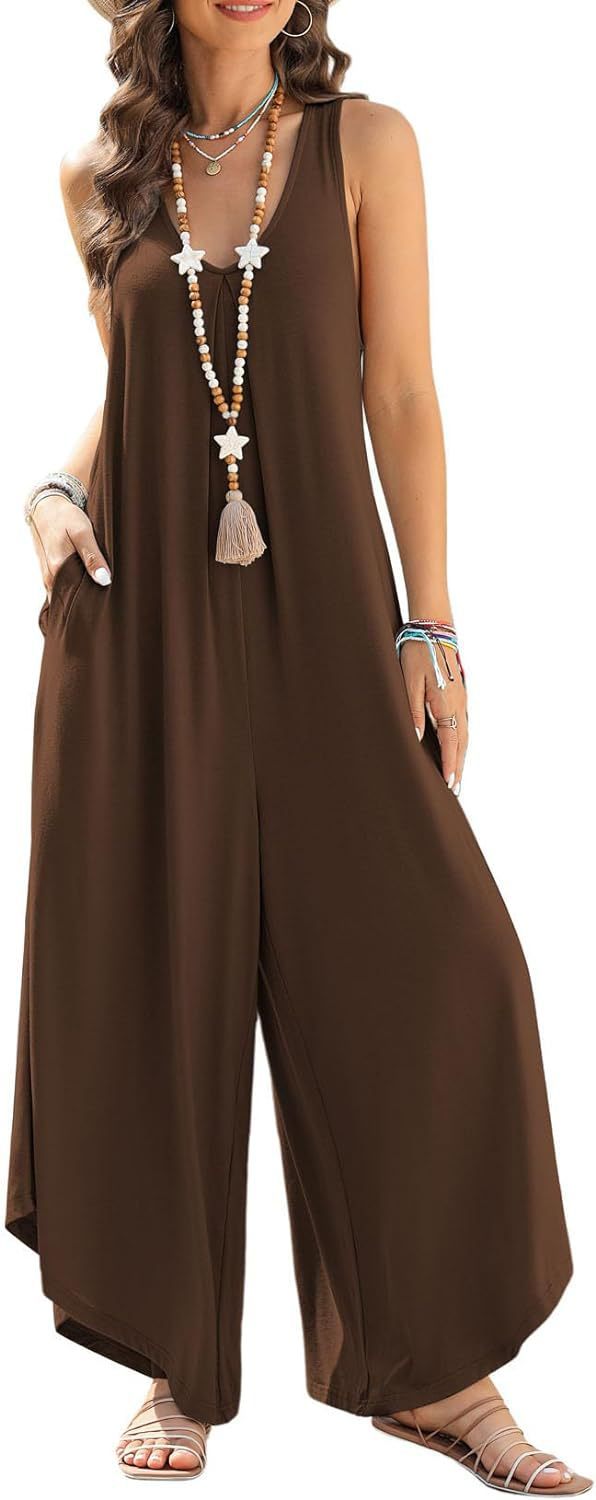 Women's Casual Sleeveless V-neck Pocket Wide Leg Jumpsuit