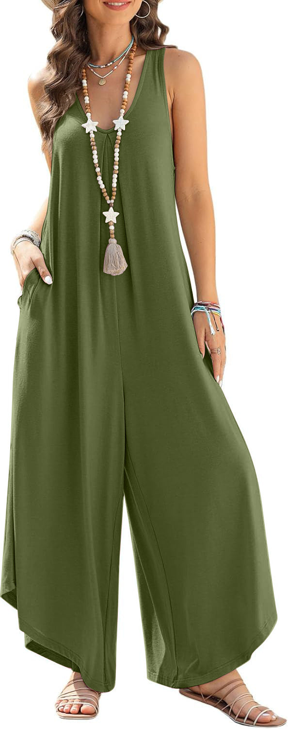 Women's Casual Sleeveless V-neck Pocket Wide Leg Jumpsuit