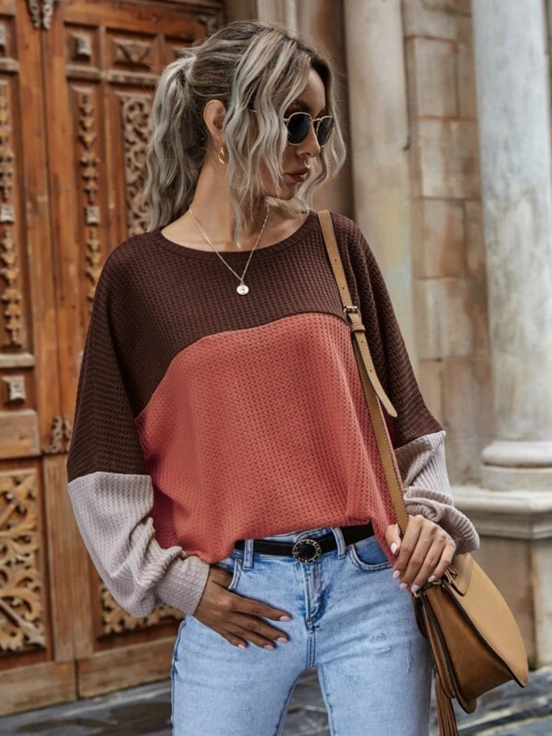 Color Block Waffle Knit Top
