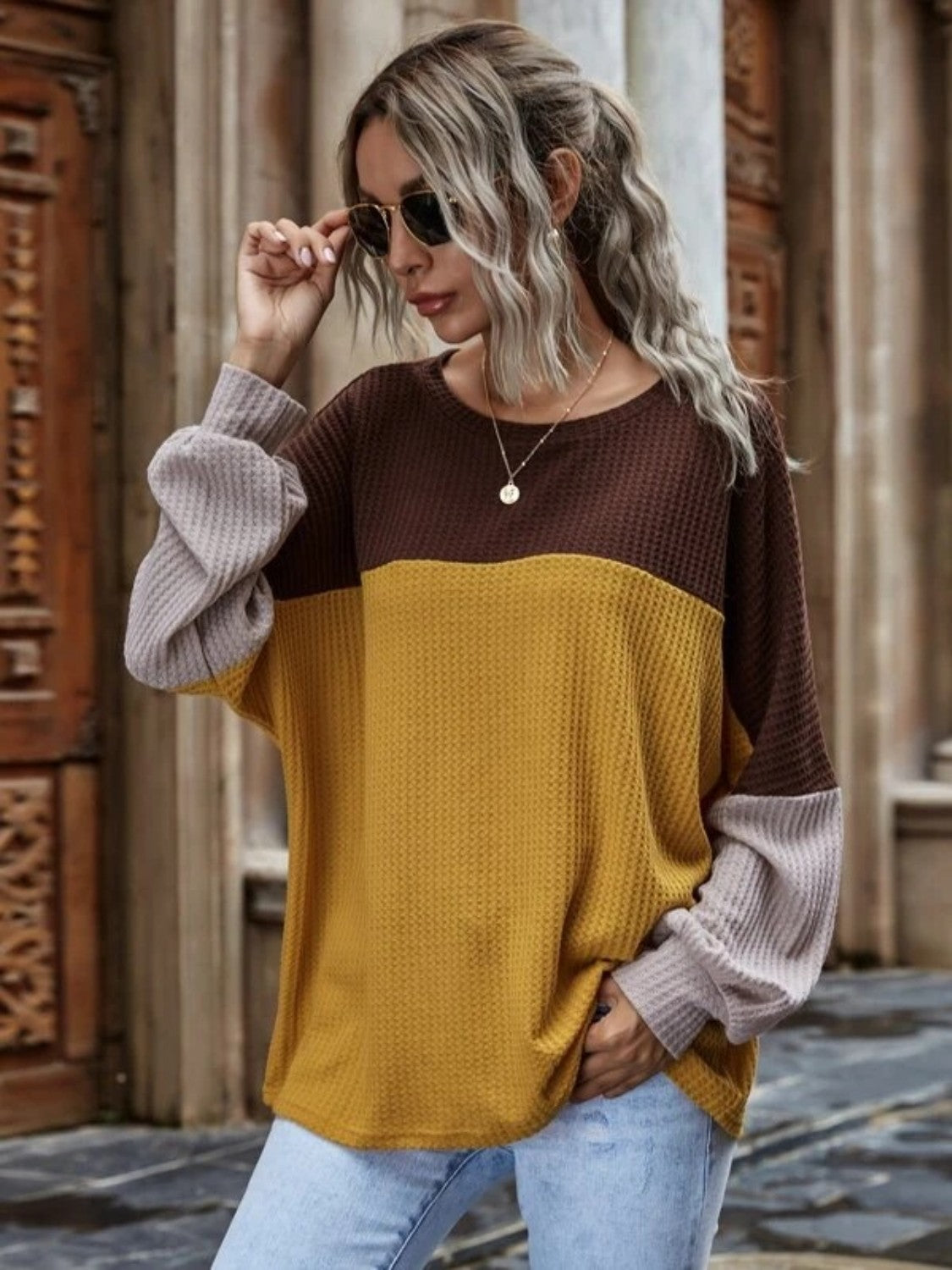 Color Block Waffle Knit Top