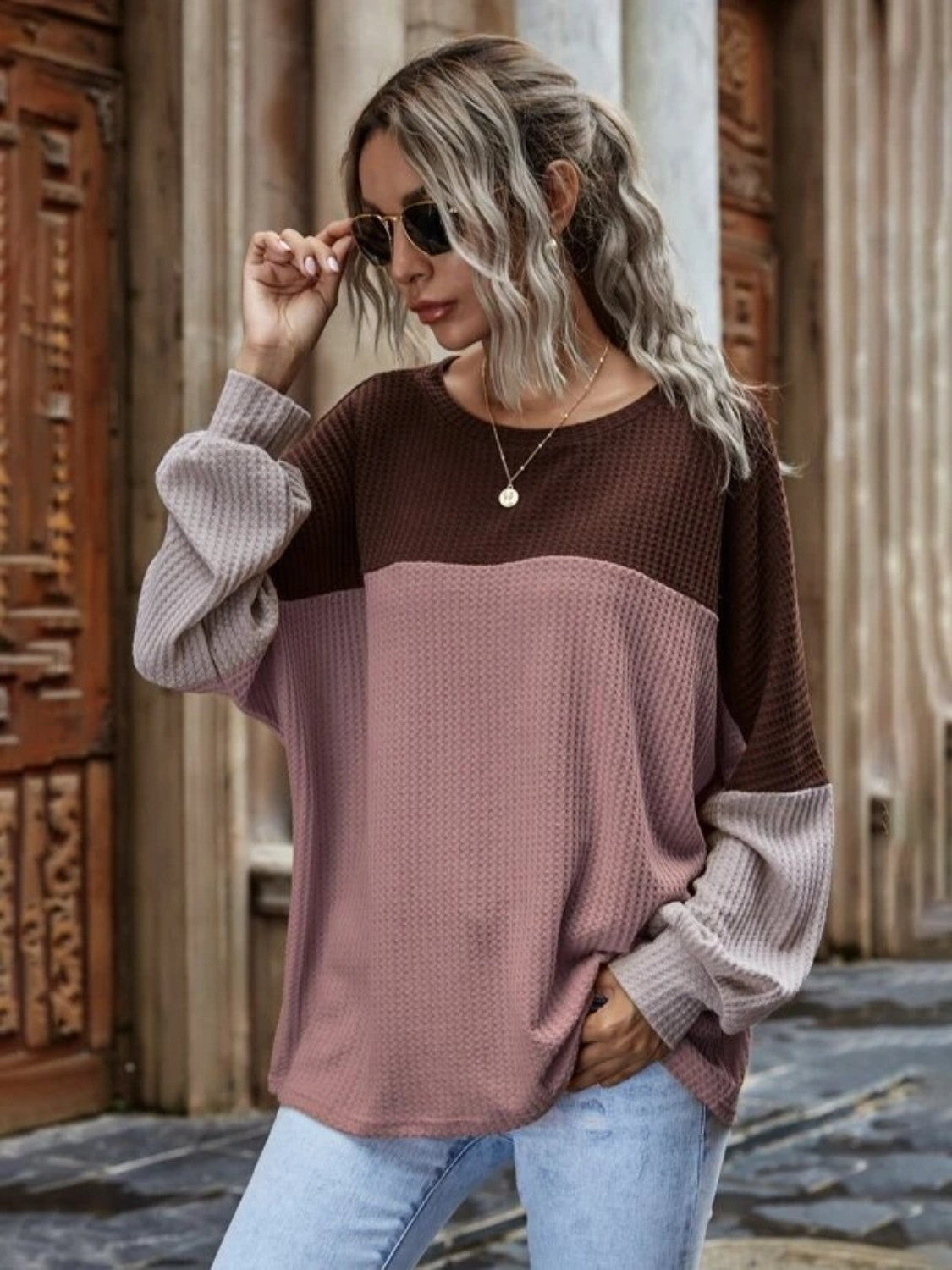 Color Block Waffle Knit Top
