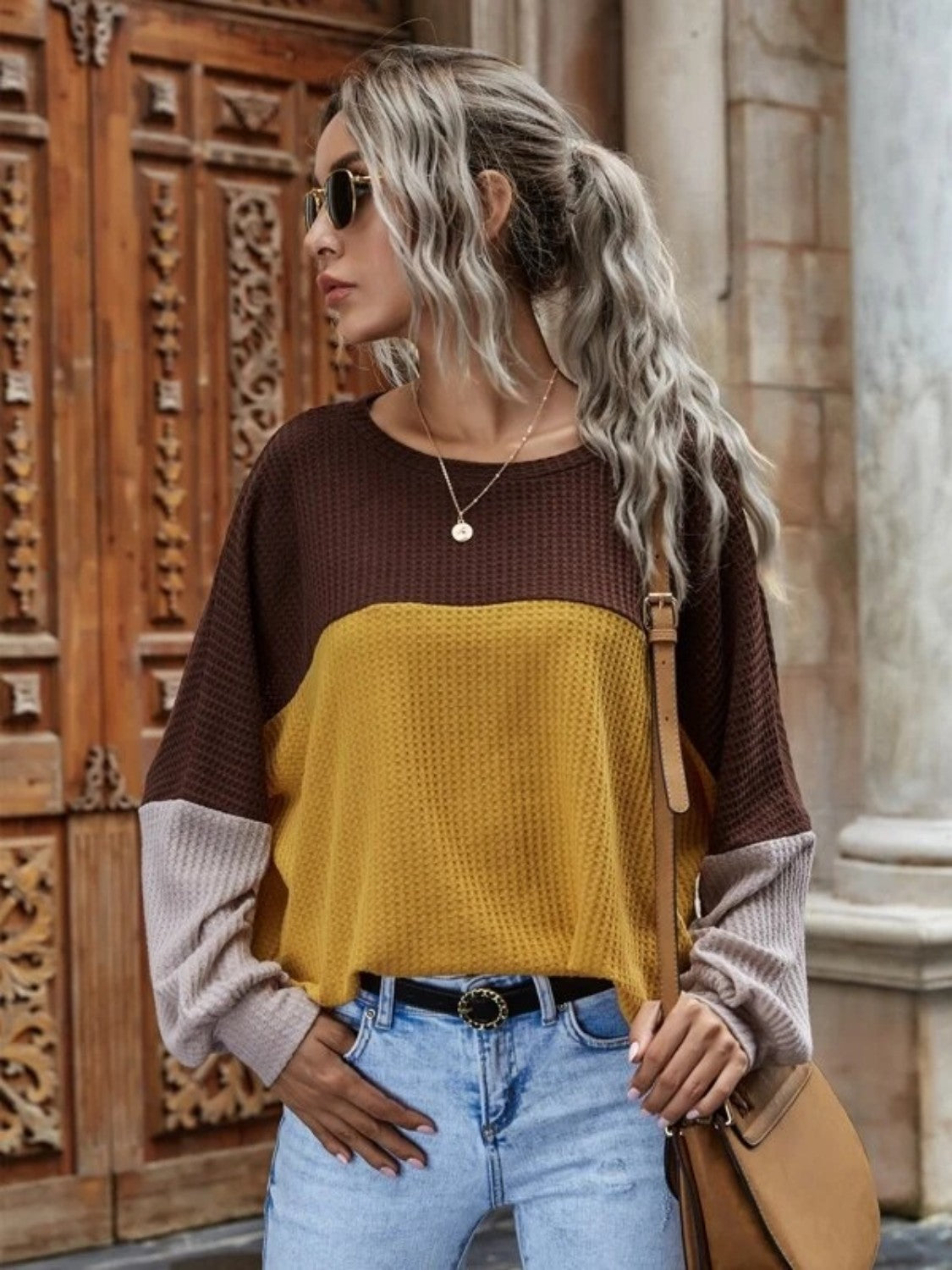 Color Block Waffle Knit Top