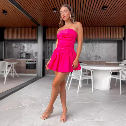 Spring And Summer New Women's Clothing Tube Top Backless Pleated Solid Color Jumpsuit Skirt